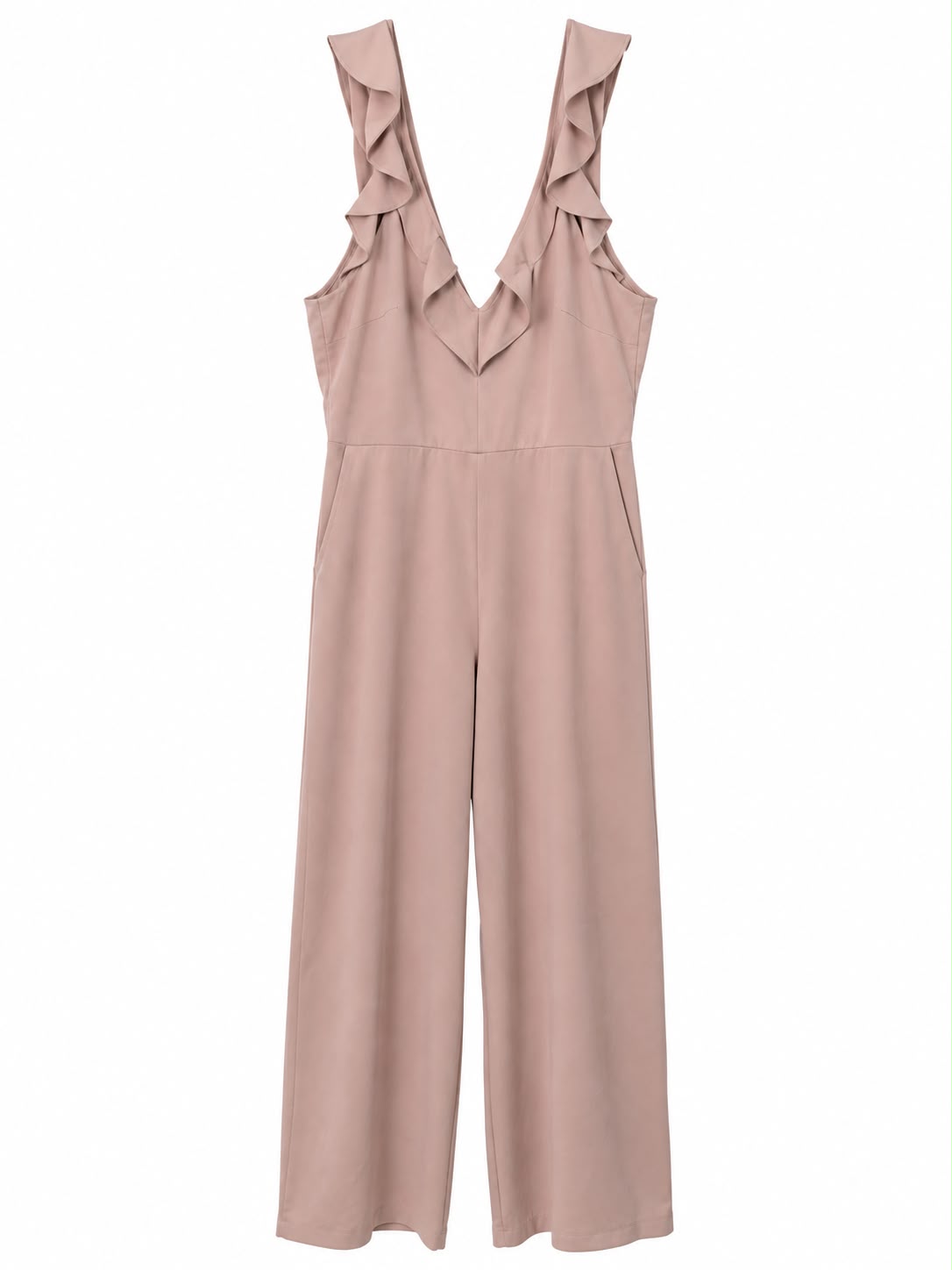 River Island Ruffle Wide Leg Jumpsuit, Blush Pink – Size 12