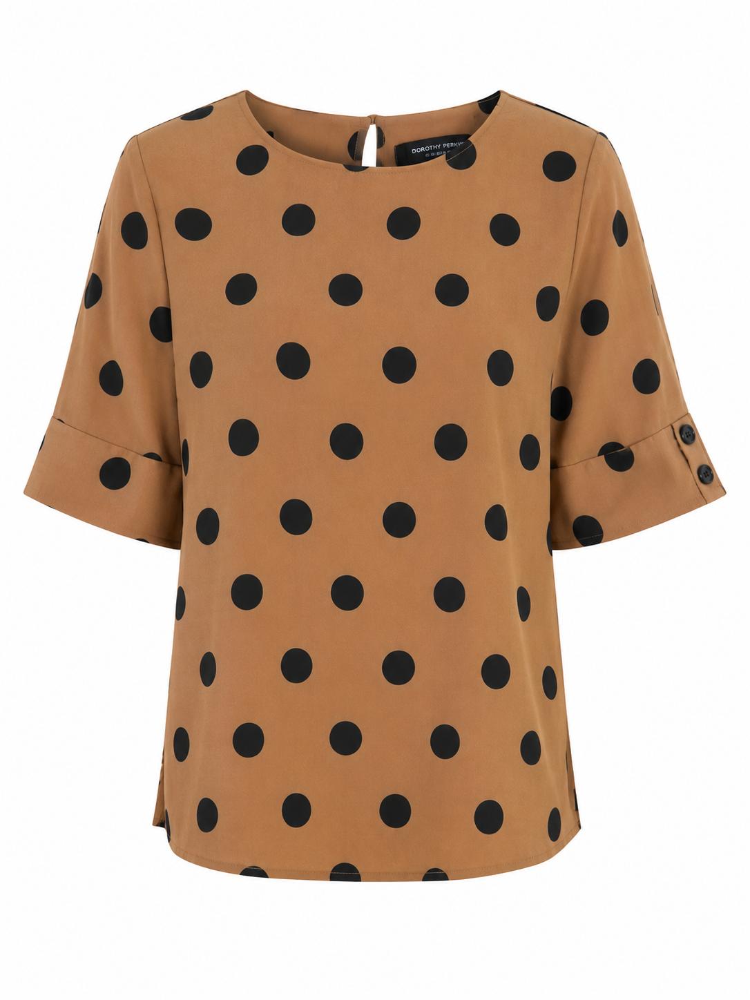 Dorothy Perkins Polka Dot Short Sleeve Blouse, Tan & Black - Size 12