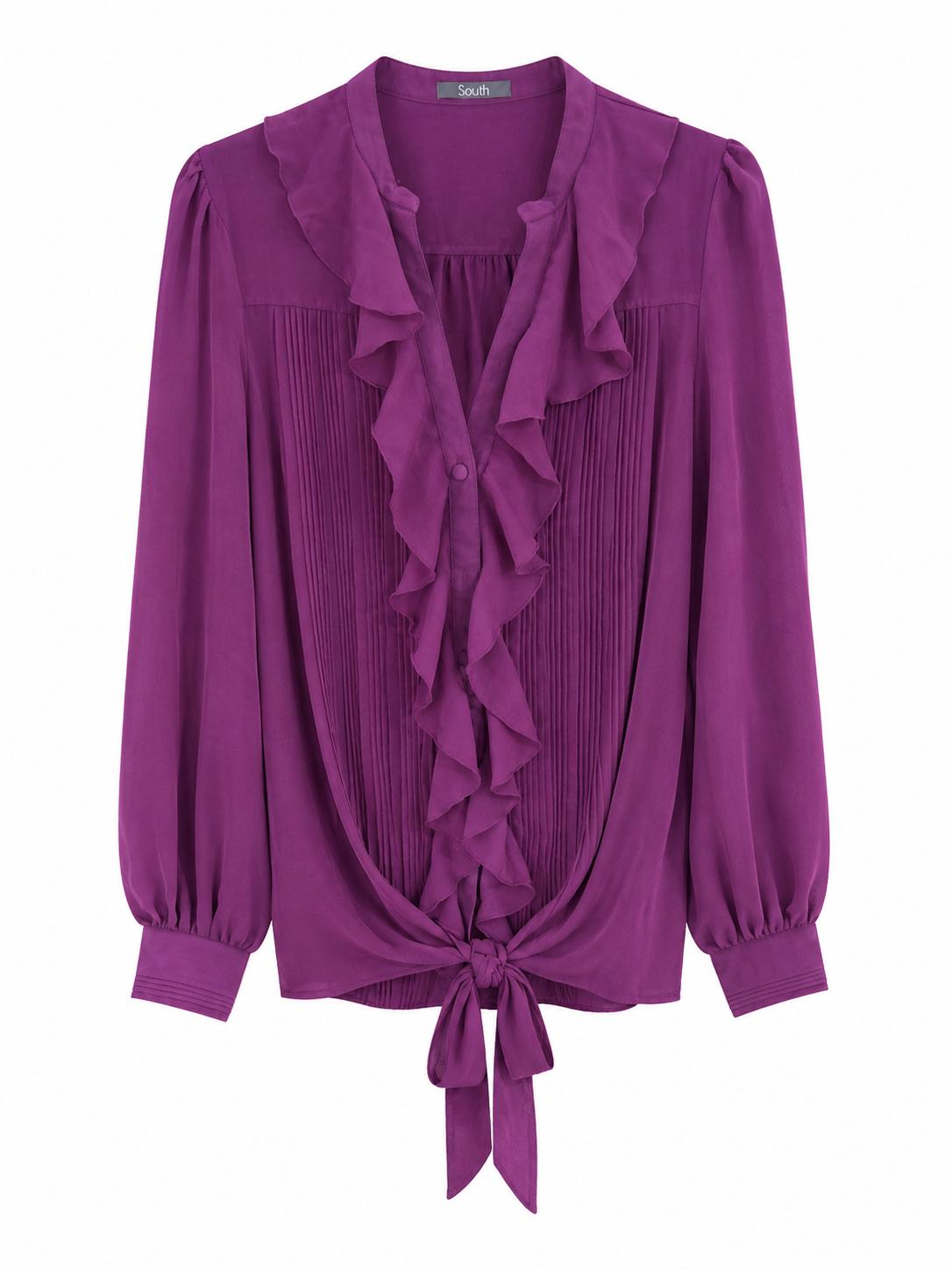 South Ruffle Pleated Tie Front Blouse, Purple - Size 16