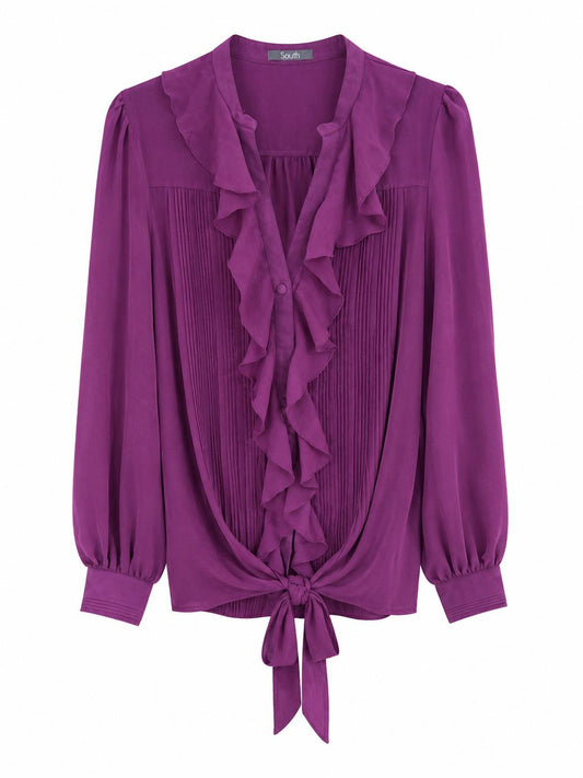 South Ruffle Pleated Tie Front Blouse, Purple - Size 16