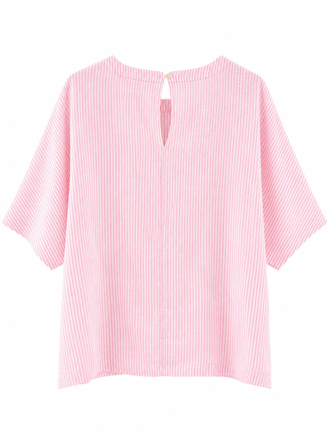 M&S Pure Linen Striped Short Sleeve Top, Pink & White - Size 16