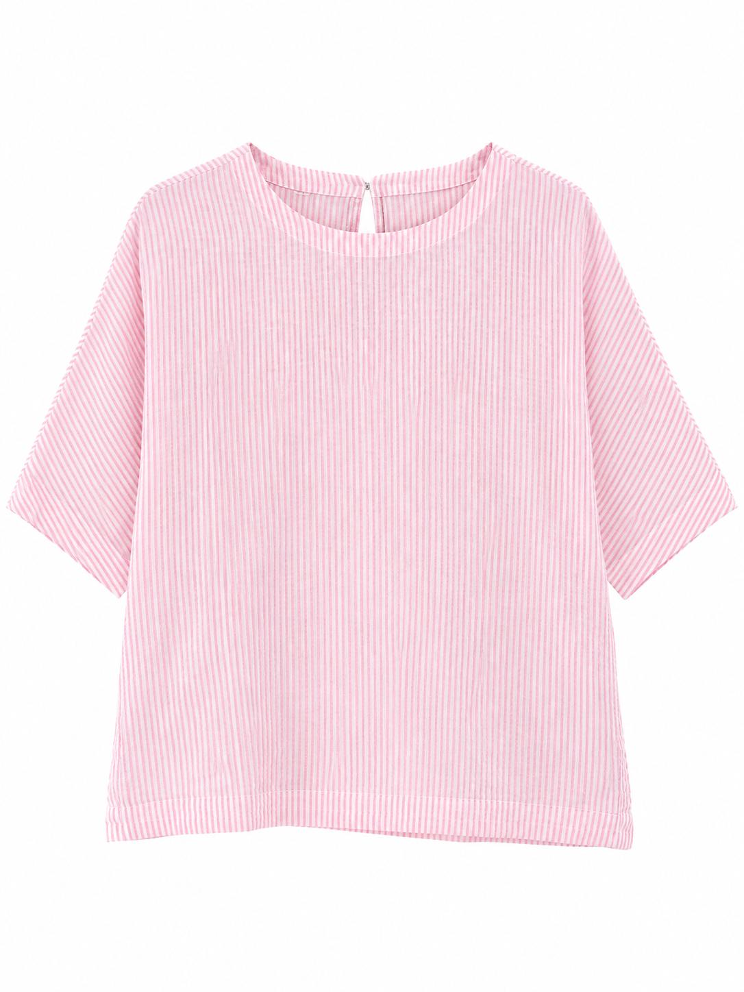M&S Pure Linen Striped Short Sleeve Top, Pink & White - Size 16