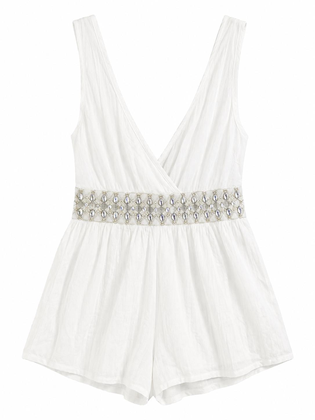 River Island Nu Resort Embellished V-Neck Playsuit, White - Size 14