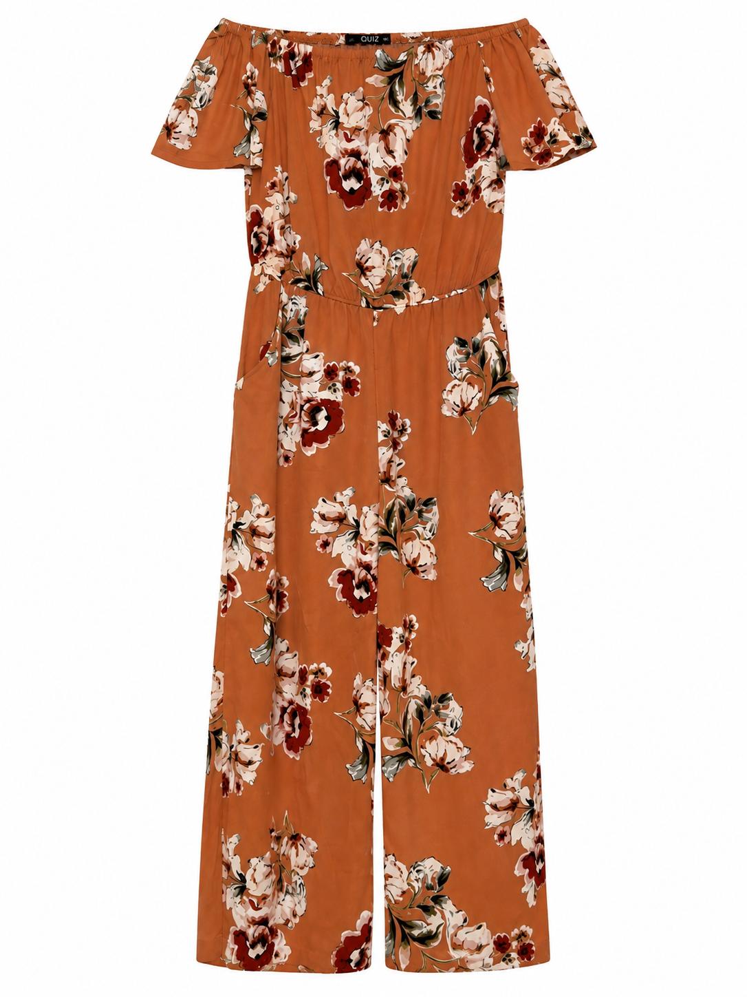 Quiz Floral Bardot Wide Leg Jumpsuit, Burnt Orange - Size 16