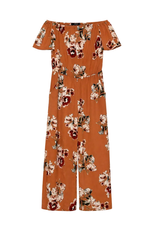 Quiz Floral Bardot Jumpsuit, Burnt Orange - Size 16