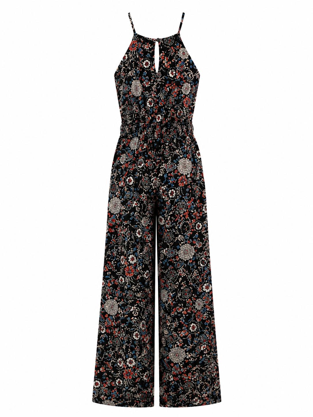 Warehouse Floral Halterneck Wide Leg Jumpsuit, Black Floral - Size 12