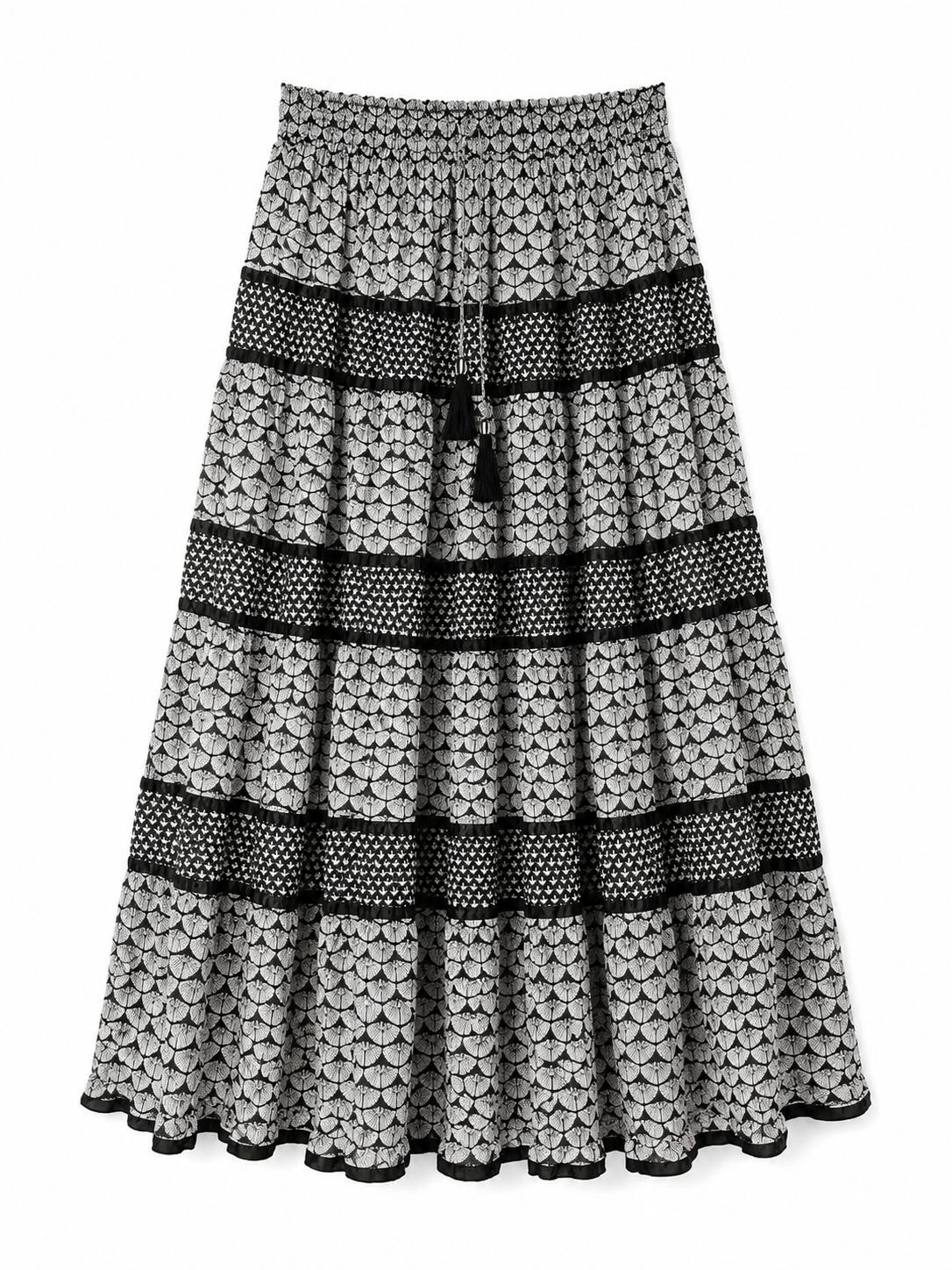 Roman Tiered Printed Tassel Maxi Skirt, Black & White - Size 14