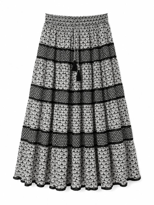 Roman Tiered Printed Maxi Skirt, Black & White - Size 14