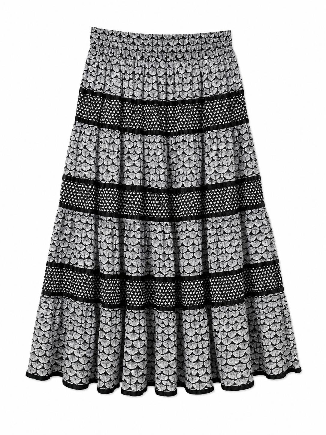 Roman Tiered Printed Tassel Maxi Skirt, Black & White - Size 14