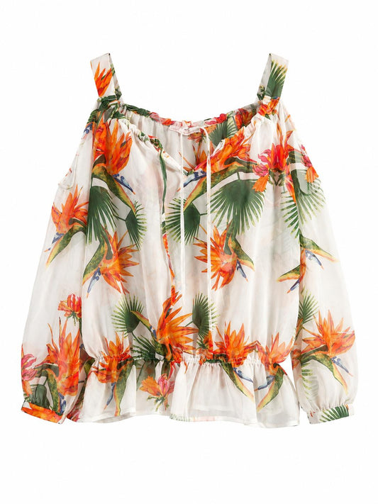 Tropical Floral Cold Shoulder Blouse, White & Orange - Size 10