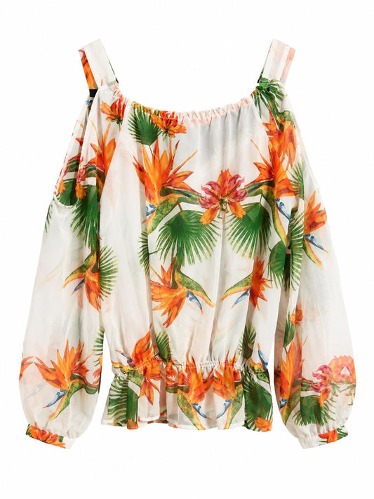 Tropical Floral Cold Shoulder Blouse, White & Orange - Size 10