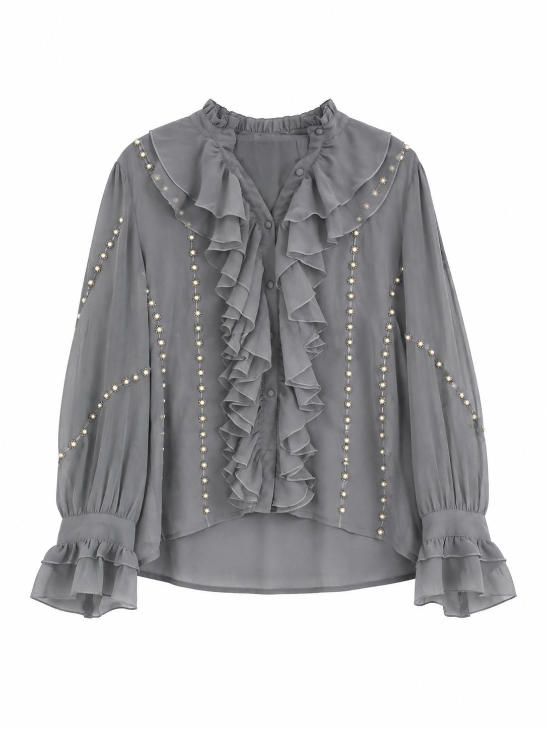 River Island Ruffle Pearl Embellished Blouse, Grey - Size 12