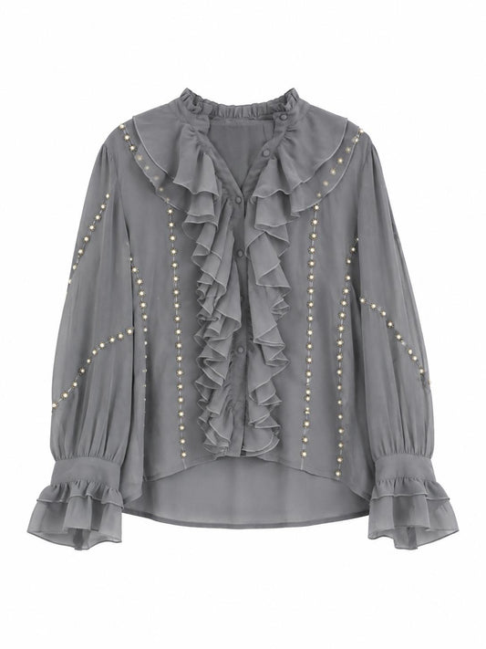 River Island Ruffle Pearl Embellished Blouse, Grey - Size 12