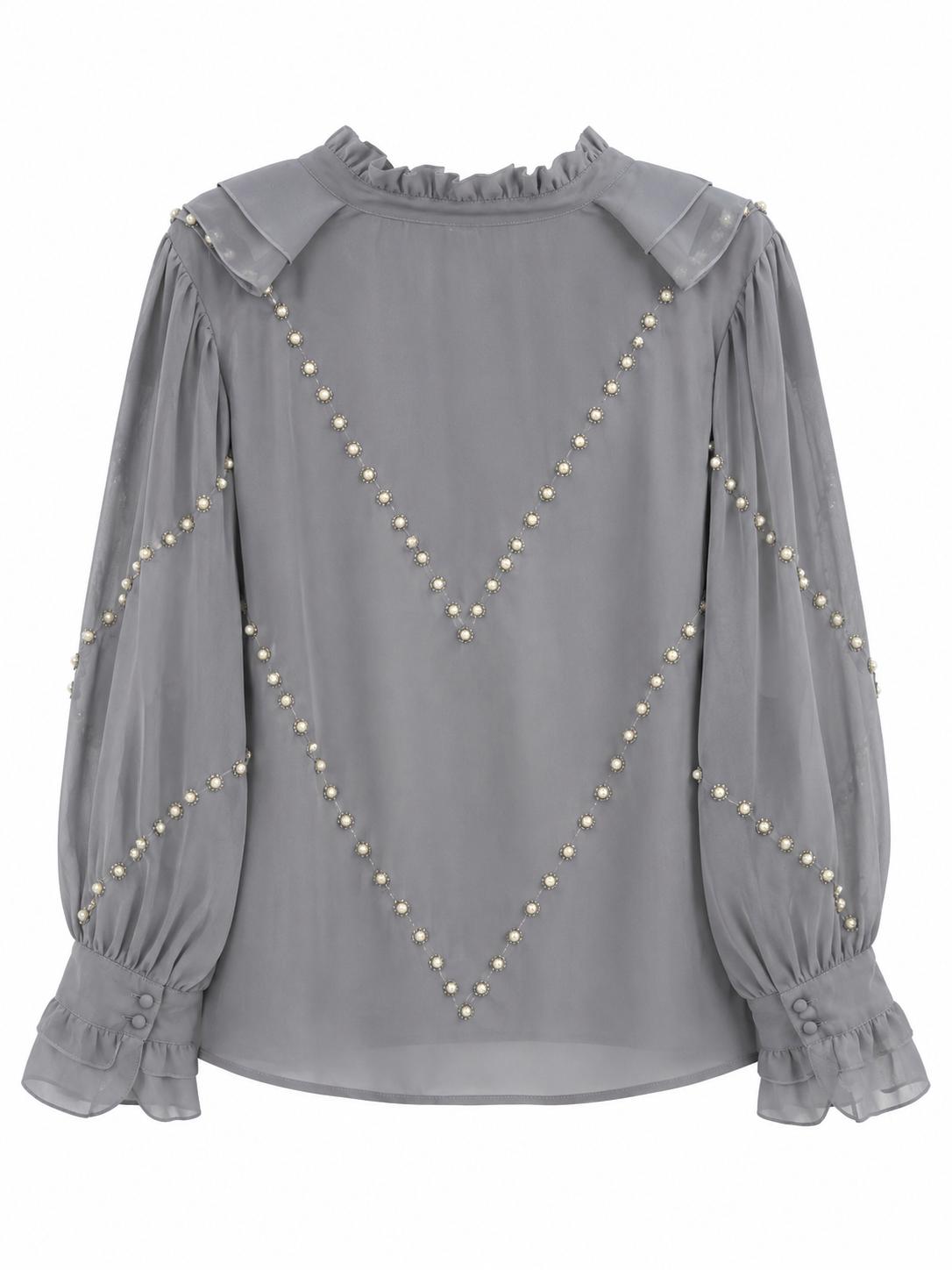 River Island Ruffle Pearl Embellished Blouse, Grey - Size 12