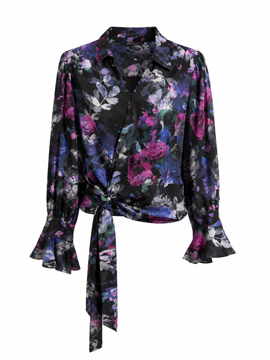 M&S Floral Tie Front Blouse, Black - Size 16