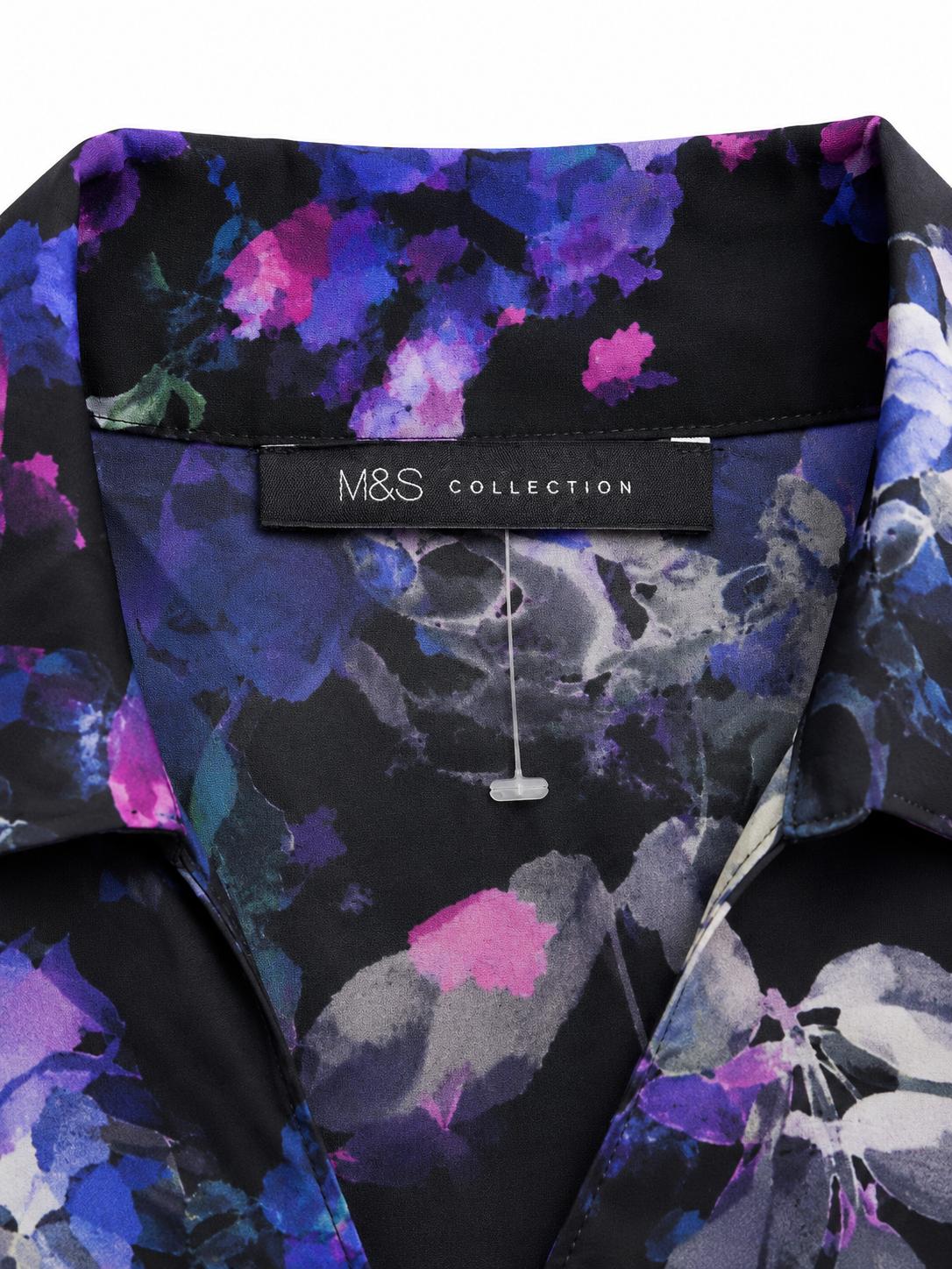 M&S Floral Tie Front Blouse, Black - Size 16