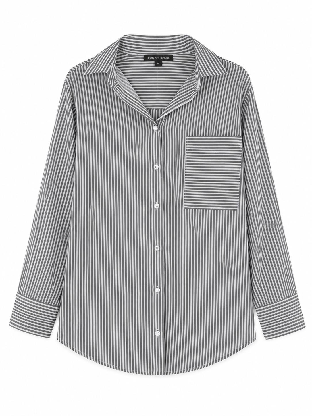 Dorothy Perkins Striped Button Up Shirt, Grey & White - Size 14