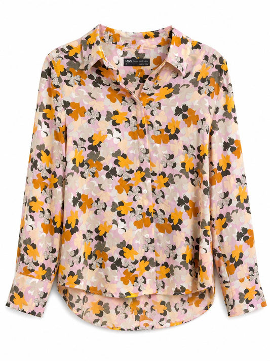 M&S Collection Petite Floral Print Shirt, Pink Orange - Size 10
